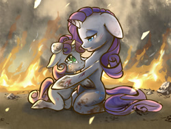 Size: 1024x768 | Tagged: safe, artist:breaksfast, rarity, sweetie belle, pony, unicorn, anatomically incorrect, comforting, crying, dirty, duo, duo female, female, filly, fire, floppy ears, hug, incorrect leg anatomy, looking at each other, mare, scratches