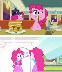 Size: 1592x1836 | Tagged: safe, screencap, lucky breaks, pinkie pie, equestria girls, friendship games, the saddle row review, blooper, bracelet, canterlot high, clone, clothes, coffee pot, diner, food, friendship games bloopers, hat, human paradox, jewelry, outtakes, pancakes, paradox, pinkie clone, restaurant, self ponidox, skirt, subversion, the clone that got away, this explains everything