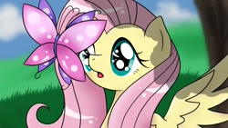 Size: 1024x576 | Tagged: safe, artist:bonsia-lucky, fluttershy, butterfly, pegasus, pony, bust, looking at something, open mouth, solo, spread wings