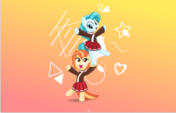 Size: 6458x4167 | Tagged: safe, artist:potato22, derpibooru import, lighthoof, shimmy shake, earth pony, pony, abstract background, bipedal, cheerleader, cheerleader outfit, clothes, cute, duo, female, gradient background, mare, pleated skirt, ponytail, skirt, wallpaper