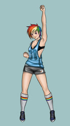 Size: 703x1262 | Tagged: safe, artist:lambch0pz, derpibooru import, rainbow dash, human, armpits, clothes, humanized, shorts, sports bra, sports shorts