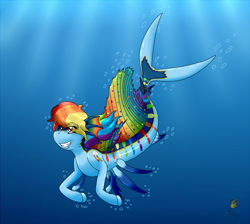 Size: 1490x1337 | Tagged: safe, artist:midnightfire1222, derpibooru import, rainbow dash, merpony, pegasus, pony, sea pony, bubble, confident, pun, rainbow splash, sailfish, simple background, solo, underwater