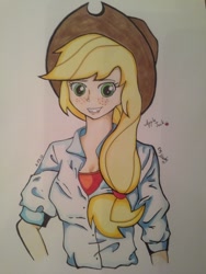 Size: 768x1024 | Tagged: safe, artist:mady, applejack, human, humanized, solo, traditional art