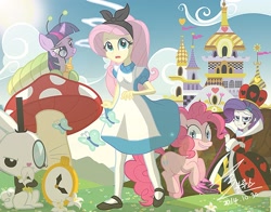 Size: 1400x1096 | Tagged: safe, artist:bluse, derpibooru import, angel bunny, fluttershy, pinkie pie, rarity, twilight sparkle, flamingo, equestria girls, alice in wonderland, canterlot, clothes, dress, foster's home for imaginary friends, frock coat, mary janes, monocle, pinafore, queen of hearts, ribbon, show accurate, stockings, top hat, waistcoat