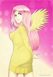 Size: 1904x2739 | Tagged: safe, artist:lilapudelpony, fluttershy, human, abstract background, anime style, clothes, hands behind back, humanized, looking at you, sexy, solo, sweater, sweatershy, winged humanization, wings