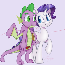 Size: 1350x1350 | Tagged: safe, artist:imaplatypus, rarity, spike, dragon, pony, unicorn, eye contact, female, interspecies, looking at each other, male, mare, misleading thumbnail, older, older spike, shipping, smiling, sparity, straight, winged spike