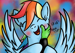 Size: 1263x893 | Tagged: safe, artist:eel's stuff, derpibooru import, rainbow dash, oc, oc:anon, human, pony, blushing, cheek pinch, cute, dashabetes, implied anon, implied human