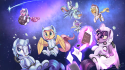 Size: 1920x1080 | Tagged: safe, artist:sketchiix3, derpibooru import, applejack, fluttershy, pinkie pie, rainbow dash, rarity, spike, twilight sparkle, twilight sparkle (alicorn), alicorn, dragon, earth pony, pegasus, pony, unicorn, asteroid, astronaut, book, eyes closed, facial hair, female, frog (hoof), galaxy, ink, inkwell, male, mane seven, mane six, mare, moustache, open mouth, paper, ponies in space, quill, shooting star, space, space helmet, spacesuit, stars, underhoof, winged spike, zero gravity