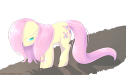 Size: 1000x600 | Tagged: safe, artist:yutaiii, fluttershy, pegasus, pony, floppy ears, looking away, looking down, solo, wingless