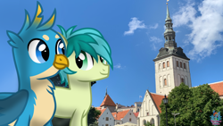 Size: 1920x1080 | Tagged: safe, artist:rainbow eevee, derpibooru import, gallus, sandbar, pony, church, cloud, cute, estonia, flag, gallabetes, irl, looking at each other, male, photo, sky, tallinn, tree, wallpaper