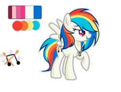 Size: 1844x1400 | Tagged: safe, artist:lazuli, derpibooru import, dj pon-3, rainbow dash, vinyl scratch, oc, oc:windy heart, pegasus, pony, eyelashes, female, fusion, jewelry, mare, music notes, necklace, open mouth, raised hoof, red eyes, reference sheet, simple background, smiling, solo, transparent background