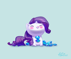 Size: 1378x1146 | Tagged: safe, artist:holivi, rarity, pony, unicorn, blue background, blushing, chibi, cute, eyes closed, female, gem, mare, raribetes, simple background, solo, weapons-grade cute