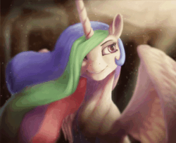 Size: 800x654 | Tagged: safe, artist:starblaze25, artist:theshadowscale, princess celestia, alicorn, pony, animated, bust, cheek fluff, chest fluff, cinemagraph, cute, cutelestia, dust motes, ear fluff, female, fluffy, grin, hair over one eye, lidded eyes, looking back, mare, missing accessory, neck fluff, portrait, sideways glance, sitting, smiling, solo, sparkles, spread wings, wing fluff, wings