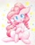 Size: 1001x1280 | Tagged: dead source, safe, artist:yukimaki, pinkie pie, earth pony, pony, :p, alternate hairstyle, belly, blush sticker, blushing, colored pupils, cute, diapinkes, featureless crotch, floppy ears, looking at you, pigtails, raised hoof, sitting, solo, tongue out, traditional art