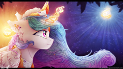 Size: 1024x576 | Tagged: safe, artist:cloud-drawings, princess celestia, alicorn, pony, crown, female, glowing horn, magic, mare, mare in the moon, moon, redraw, regalia, solo, sun