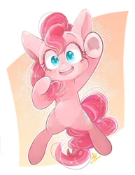 Size: 744x962 | Tagged: safe, artist:sibashen, pinkie pie, pony, abstract background, bipedal, colored pupils, cute, diapinkes, looking at you, open mouth, smiling, solo, underhoof