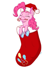 Size: 2300x3000 | Tagged: safe, artist:ambergerr, pinkie pie, earth pony, pony, candy, candy cane, christmas stocking, clothes, ear fluff, eyes closed, food, hat, mouth hold, santa hat, simple background, socks, solo, transparent background