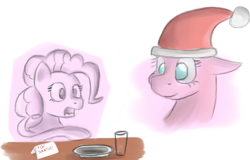 Size: 804x514 | Tagged: safe, artist:itsthinking, pinkie pie, earth pony, pony, bust, floppy ears, glass, hat, open mouth, plate, pointing, portrait, santa hat, simple background, smiling, surprised, white background