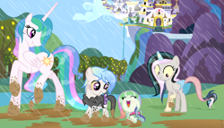 Size: 2160x1234 | Tagged: safe, artist:velveagicsentryyt, princess celestia, oc, oc:asterism, oc:flosun pollen, oc:mysterilestia, alicorn, changepony, draconequus, hybrid, pony, canterlot, interspecies offspring, mud, offspring, parent:discord, parent:princess celestia, parent:thorax, parents:dislestia, parents:thoralestia, rain