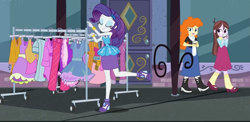 Size: 1614x790 | Tagged: safe, screencap, golden hazel, rarity, velvet sky, better together, equestria girls, street chic, background human, bracelet, clothes, clothes rack, cropped, eyes closed, female, geode of shielding, high heels, jewelry, legs, magical geodes, pencil skirt, shoes, skirt, smiling