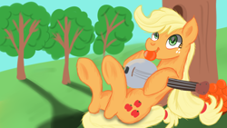 Size: 1280x720 | Tagged: safe, artist:jbond, applejack, earth pony, pony, apple, banjo, food, grass, hatless, missing accessory, musical instrument, solo, tree, underhoof