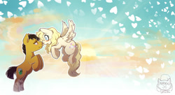 Size: 1280x698 | Tagged: safe, artist:mangoshibi, derpibooru import, oc, oc only, earth pony, pegasus, pony, blushing, cloud, cutie mark, female, flying, heart, lidded eyes, looking at each other, male, mare, oc x oc, open mouth, shipping, sky, stallion, straight, wallpaper, wavy mouth