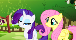 Size: 1360x730 | Tagged: safe, screencap, fluttershy, rarity, pegasus, pony, unicorn, stare master, fluttershy's cottage, lidded eyes