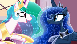 Size: 1500x858 | Tagged: safe, artist:sugaryicecreammlp, princess celestia, princess luna, alicorn, pony, duo, ethereal mane, female, looking at each other, mare, prone, royal sisters, sisters, smiling, starry mane