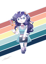 Size: 1024x1446 | Tagged: safe, artist:crescentmary, rarity, anthro, unicorn, belt, clothes, cute, drink, female, mare, shoes, skirt, socks, solo