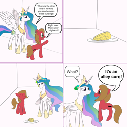 Size: 1976x1976 | Tagged: safe, artist:loceri, princess celestia, oc, oc:pun, alicorn, earth pony, pony, ask pun, bad joke, corn, dish, female, food, mare, pun, tumblr