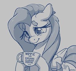 Size: 2832x2616 | Tagged: safe, artist:dilarus, edit, editor:dilarus sucks, fluttershy, pegasus, pony, female, hoof hold, insane clown posse, mare, monochrome, smiling, teacup