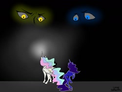 Size: 1280x960 | Tagged: safe, artist:littlesnaketail, princess celestia, princess luna, alicorn, pony, blue diamond (steven universe), crossover, female, mare, raised hoof, signature, steven universe, yellow diamond (steven universe)