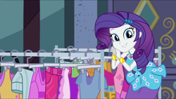 Size: 2560x1440 | Tagged: safe, screencap, rarity, better together, equestria girls, street chic, clothes, looking at you, smiling, smiling at you, window