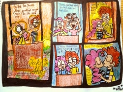 Size: 1024x768 | Tagged: safe, artist:mabiesison, cheese sandwich, pinkie pie, human, binoculars, cheesepie, comic, eyes closed, happy, hot air balloon, humanized, kissing, male, shipping, signature, straight, sunset, traditional art