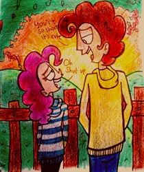 Size: 906x1081 | Tagged: safe, artist:mabiesison, cheese sandwich, pinkie pie, human, beautiful, cheesepie, height difference, humanized, male, shipping, straight, sunrise, traditional art