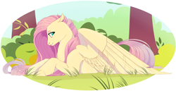 Size: 4400x2270 | Tagged: safe, artist:eiirine, fluttershy, pegasus, pony, absurd resolution, floppy ears, forest, looking at you, looking sideways, profile, prone, solo, spread wings, unshorn fetlocks