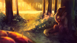 Size: 1024x574 | Tagged: safe, artist:krooku, applejack, earth pony, pony, apple, food, forest, mouth hold, river, sitting, solo, tree