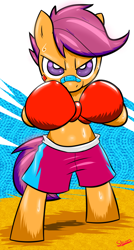 Size: 508x950 | Tagged: safe, artist:slypon, scootaloo, pegasus, pony, bipedal, boxer, boxing gloves, clothes, female, filly, shorts, solo, sweat