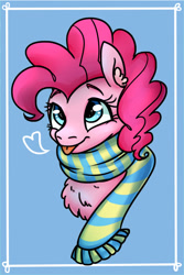 Size: 548x818 | Tagged: dead source, safe, artist:ponybone, pinkie pie, earth pony, pony, :p, chest fluff, clothes, cute, diapinkes, ear fluff, heart, looking up, scarf, solo, tongue out