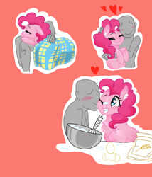 Size: 770x900 | Tagged: safe, artist:horsebone, artist:ponybone, pinkie pie, oc, oc:anon, human, blanket, blushing, cooking, cute, diapinkes, flour, hug, human on pony snuggling, interspecies, kiss on the cheek, kissing, smiling, snuggling