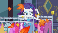 Size: 1920x1080 | Tagged: safe, screencap, rarity, better together, equestria girls, street chic, autumn leaves, bracelet, clothes rack, female, jewelry, looking at you, raised eyebrow, solo