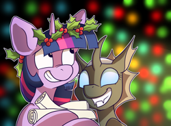 Size: 1280x944 | Tagged: safe, artist:pixel-prism, derpibooru import, twilight sparkle, oc, oc:starlit dreams, changeling, changeling oc, christmas changeling, grin, holly, scroll, smiling, twilight sparkle's secret shipfic folder