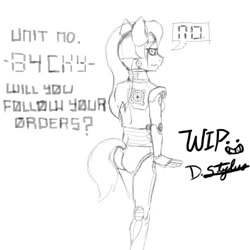 Size: 500x500 | Tagged: safe, artist:devious-stylus, artist:slavedemorto, oc, oc only, anthro, robot, anthro oc, ass, monochrome, solo, wip