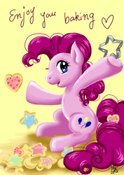 Size: 600x848 | Tagged: safe, artist:mana-kyusai, pinkie pie, earth pony, pony, cookie, cookie cutter, food, solo