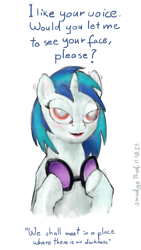 Size: 562x1000 | Tagged: safe, artist:smudge proof, dj pon-3, vinyl scratch, pony, unicorn, 1984, blind, red eyes, solo