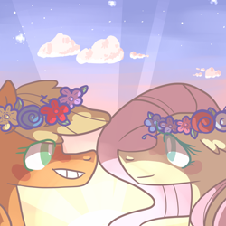 Size: 1280x1280 | Tagged: safe, artist:irl-max-caulfield, applejack, fluttershy, earth pony, pegasus, pony, appleshy, female, floral head wreath, lesbian, shipping