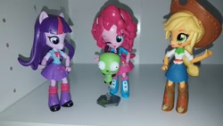 Size: 1280x720 | Tagged: safe, applejack, pinkie pie, twilight sparkle, equestria girls, clothes, doll, equestria girls minis, eqventures of the minis, gir, invader zim, skirt, toy