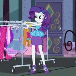 Size: 781x781 | Tagged: safe, screencap, rarity, better together, equestria girls, street chic, bracelet, clothes, clothes rack, cropped, high heels, jewelry, shoes, skirt