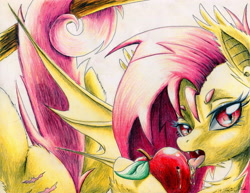 Size: 3277x2535 | Tagged: safe, artist:kaitlyn23, fluttershy, bat pony, pony, apple, bedroom eyes, flutterbat, food, licking, race swap, solo, tongue out, traditional art