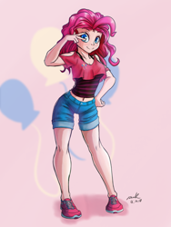 Size: 1200x1600 | Tagged: safe, artist:the-park, pinkie pie, human, belly button, clothes, female, humanized, looking at you, midriff, shoes, shorts, smiling, sneakers, solo, tanktop, thigh gap